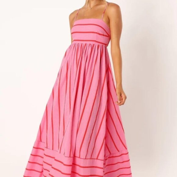 Women's Striped Maxi Dress Cotton Blend Sleeveless Cutout Flowing - Picture 5 of 7